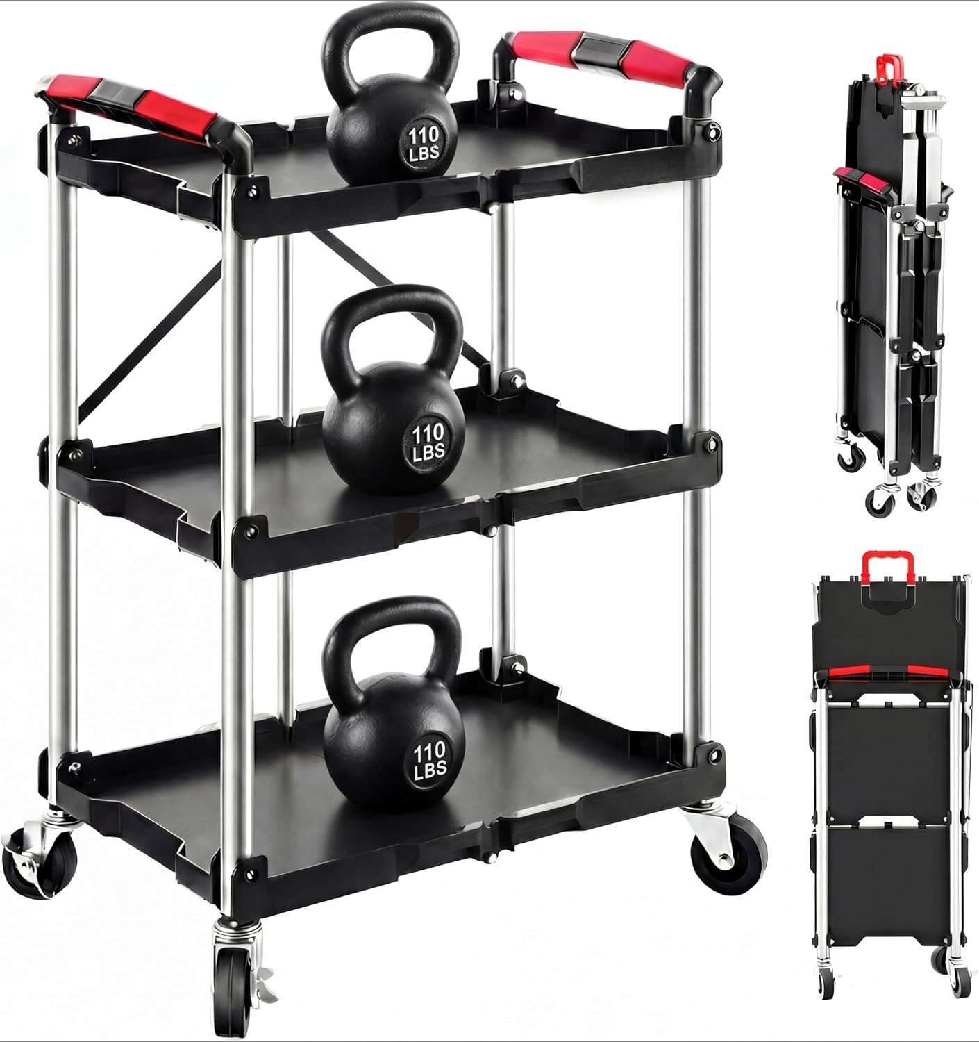 Workshop Tools Trolley - 3-Shelf Foldable Rolling Utility Service Cart